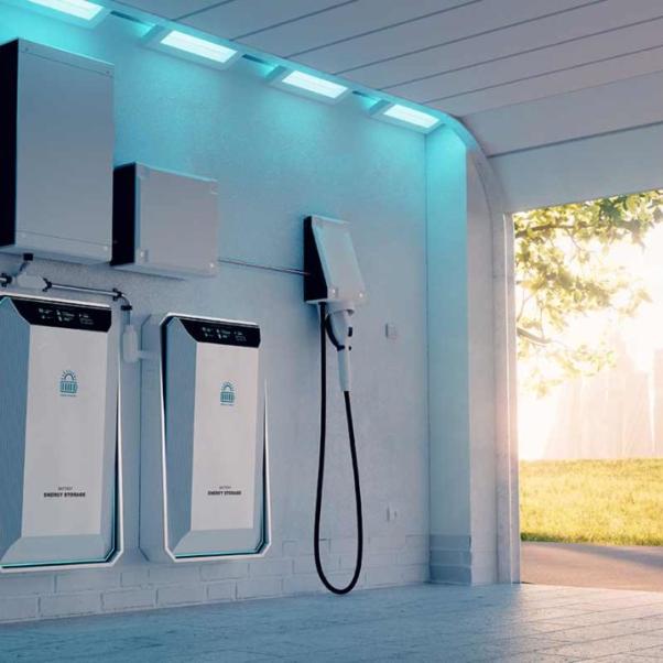 Eine Wand mit Wallbox als Zugang zu einem Stromspeicher.