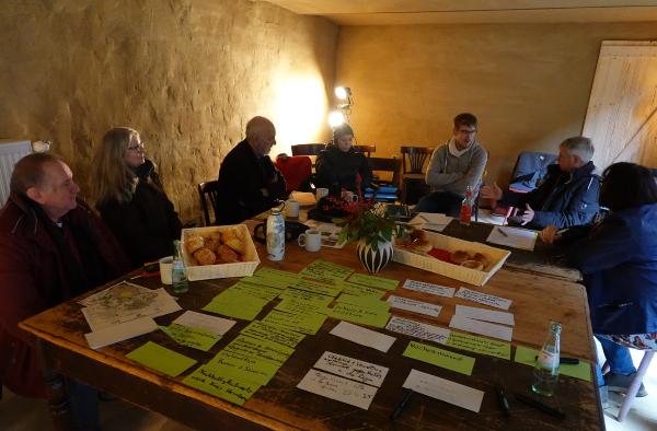 Menschen sitzen an einem Tisch. Auf dem Tisch liegen Zettel mit Stichworten.