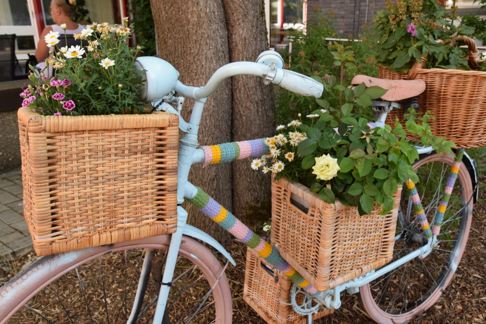 Ein Fahrrad ist mit bunter Wolle, Blumenkästen und Blumen verziert und lehnt an einen Baum.