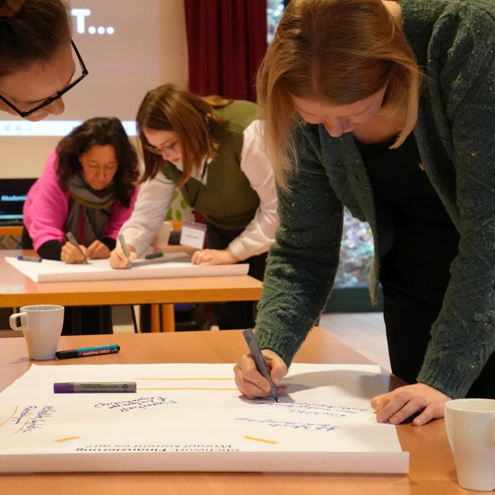 Vier Frauen beugen sich über Plakate und beschreiben sie.