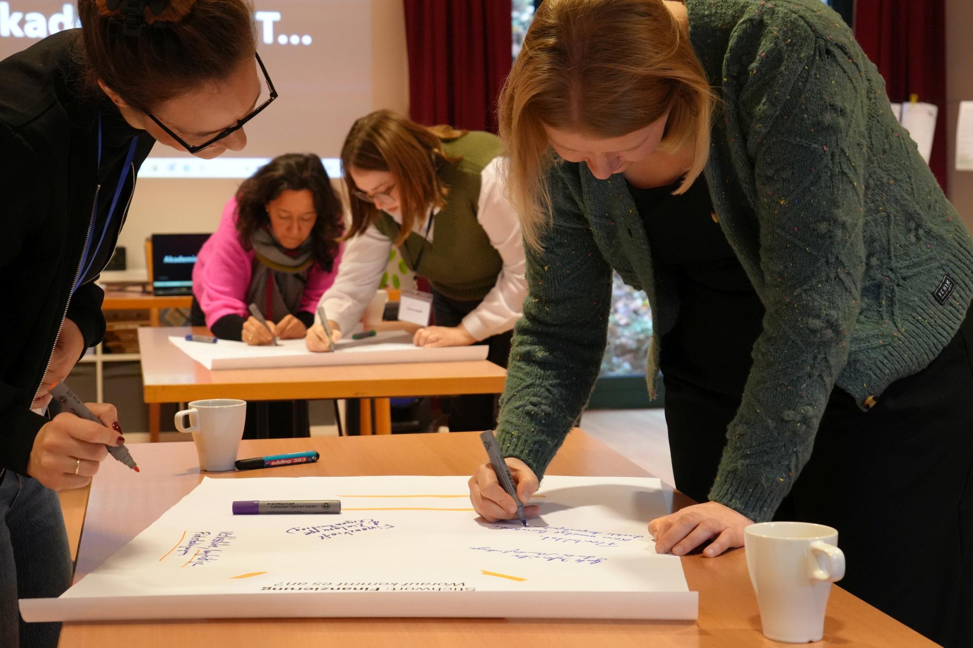 Vier Frauen beugen sich über Plakate und beschreiben sie.