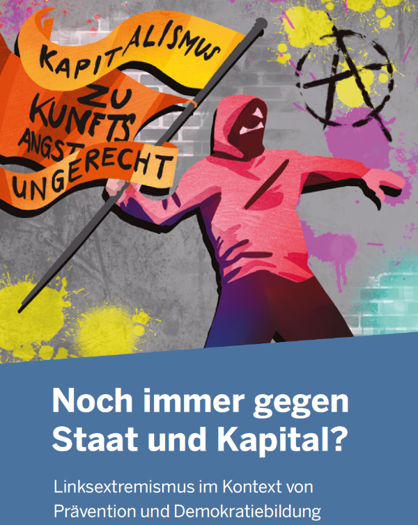Ein Veranstaltungsplakat. Es zeigt einen vermummten Demonstranten mit einer Stange, an der drei Flaggen befestigt sind. Auf diesen stehen die Wörter Kapitalismus, Zukunftsangst, ungerecht.