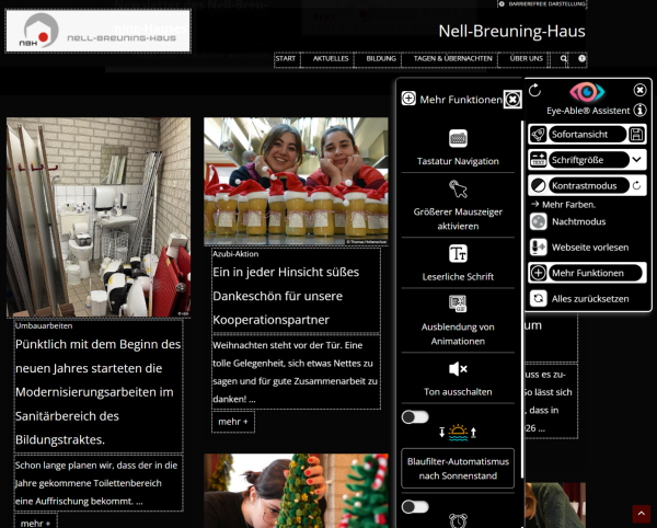 Screenshot der Internetseite mit dem Konfigurationsmenü von Eye-Able