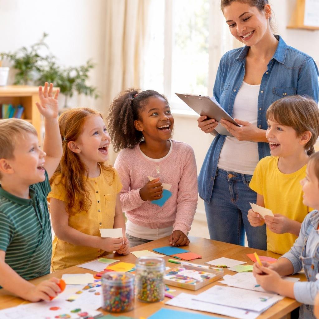 Mehrere Kinder im Grundschulalter sitzen an einem Tisch mit Bastelmaterial. Eine Betreuerin steht daneben, lächelt und hört den Kindern zu, während sie gemeinsam arbeiten.