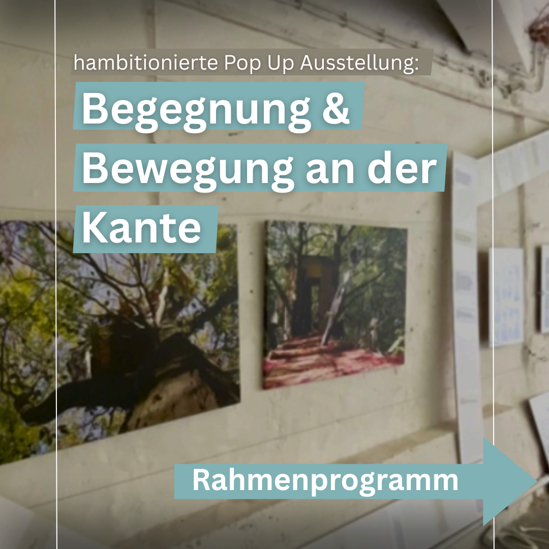 Wand mit Naturfotografien in einer Ausstellung, Text über Pop-up Ausstellung 'Begegnung & Bewegung an der Kante' vom 12. bis 25. Juni 2025 im Cafe Nr. 5 Schwalbenhof